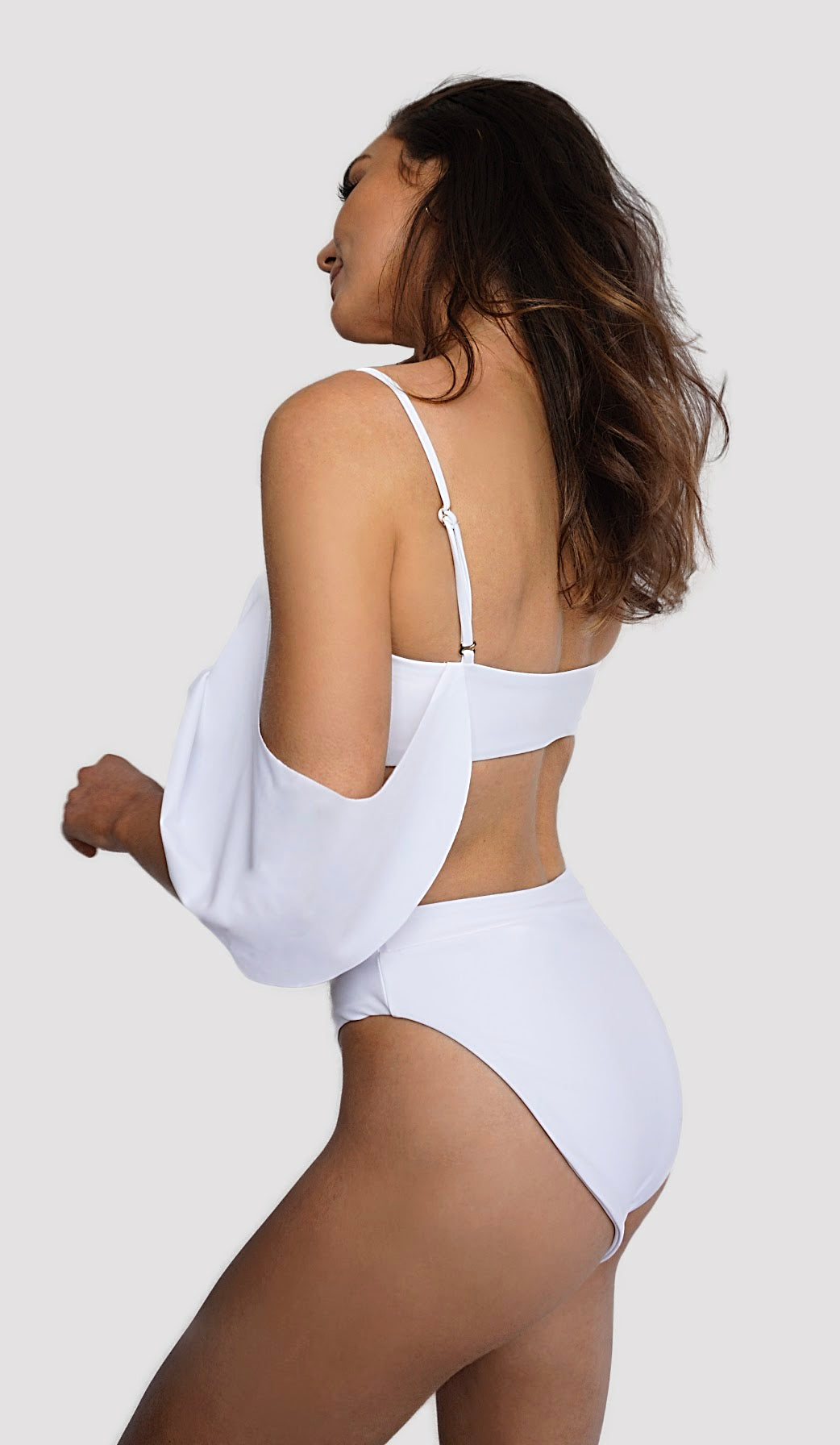 Carling Liski wearing International swimwear brand Prairie Swim classy white, mix and match, high waist bikini bottom with high-cut legs for all women