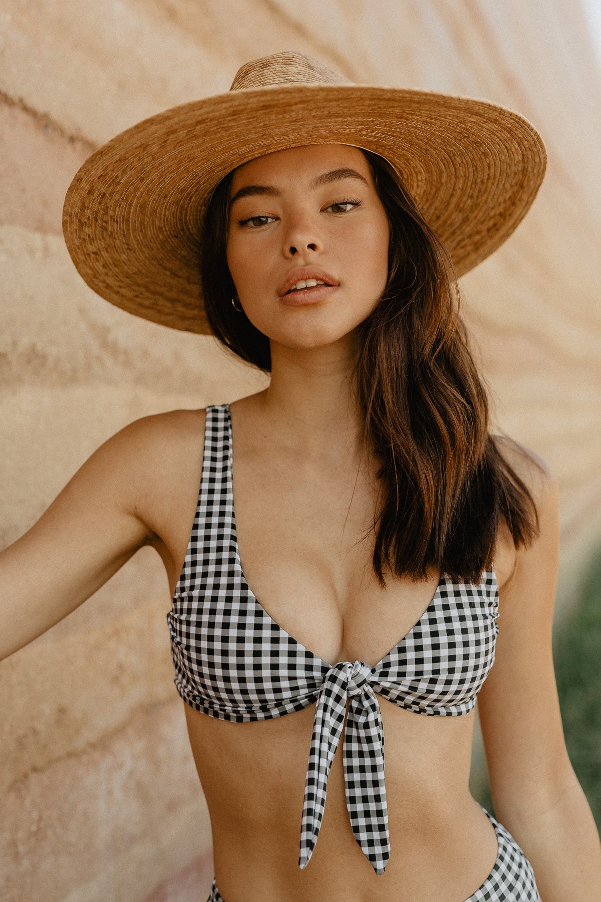 Winnipeg Model Cam Kangas in Canadian swimwear brand Prairie Swim chic black and white gingham adjustable, mix and match, tie-front bikini top with supportive straps for all bust sizes