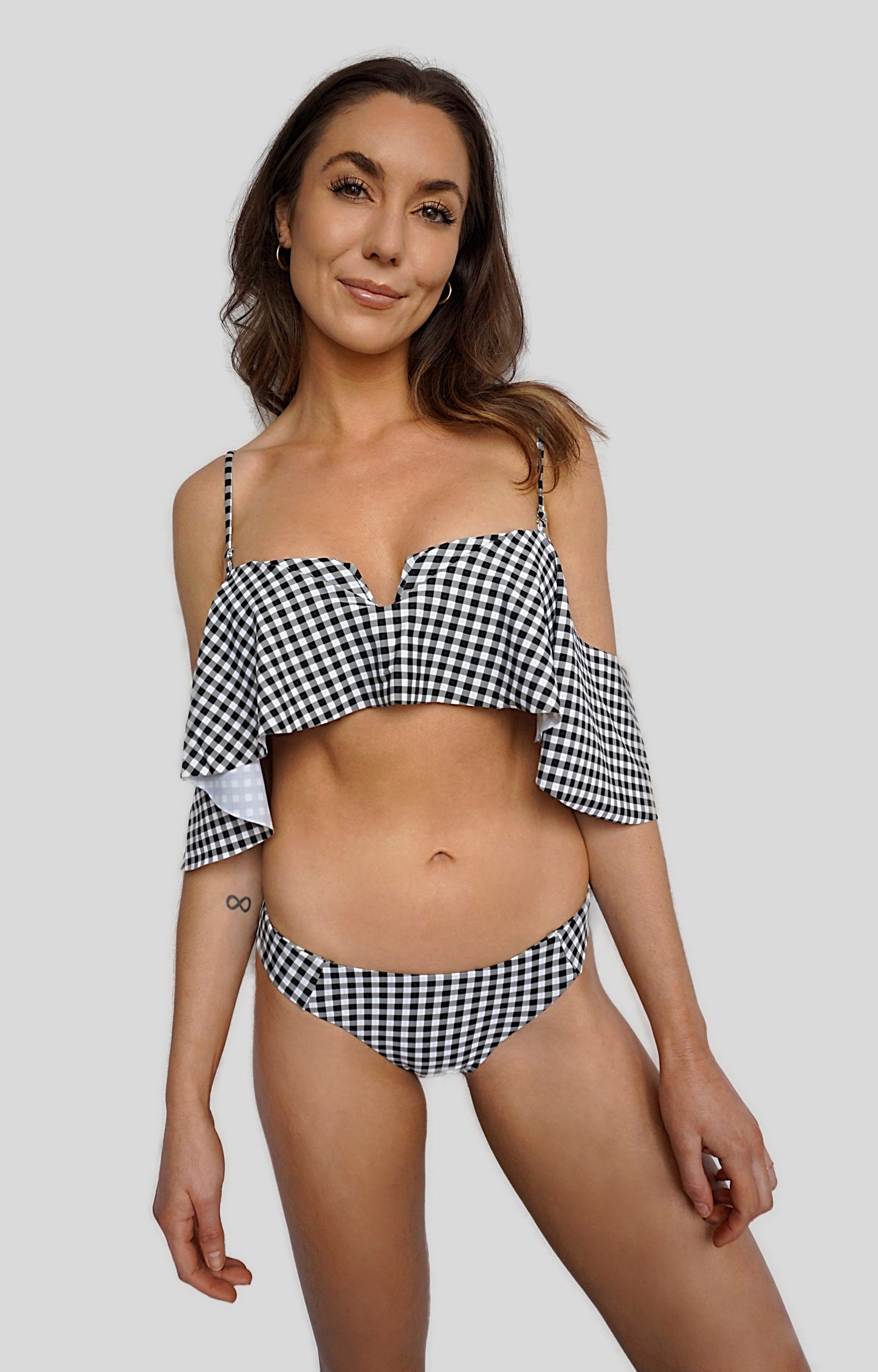 Carling Liski wearing Canadian swimsuit brand Prairie Swim gingham print classic cheeky bikini bottoms